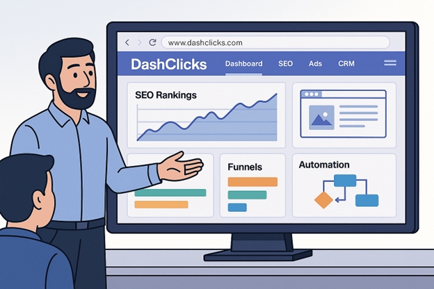 Agency professional presenting DashClicks SEO reseller software dashboard with rankings, funnels, and automation features