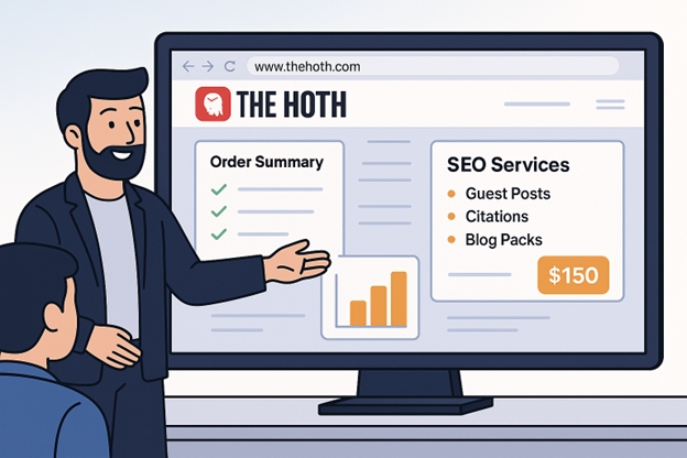 Agency professional presenting The HOTH SEO reseller software dashboard with order summary and SEO services like guest posts, citations, and blog packs
