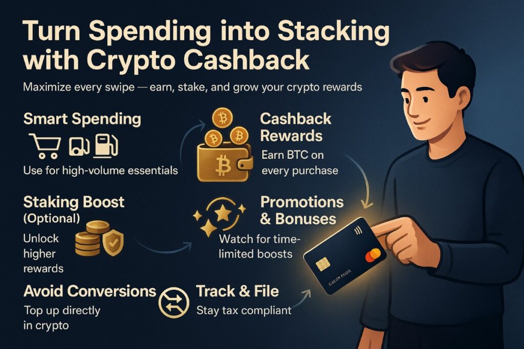 Infographic showing how to smartly use a crypto card with cashback—includes icons for spending, earning BTC rewards, staking, promotions, and tax tracking.