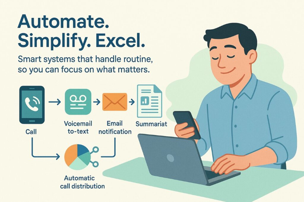 Infographic showing smart phone systems automating routine tasks like voicemail-to-text, call summaries, and automatic call distribution for better workflow efficiency.