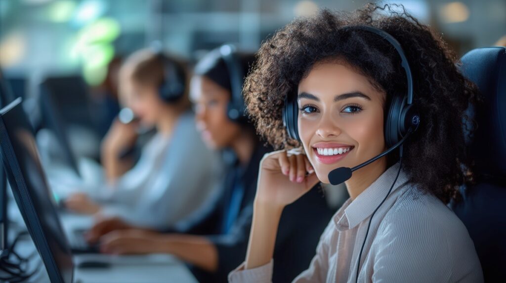 Customer support agent using smart phone systems with a headset in a modern call center
