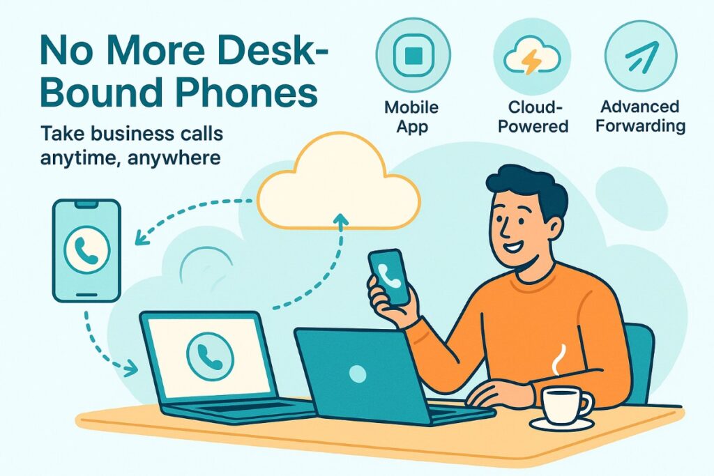 Infographic showing smart phone systems enabling flexible communication with mobile and cloud technology.