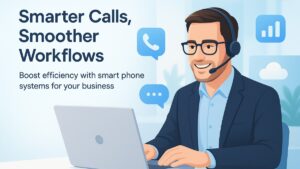 Business professional using smart phone systems with headset in a modern, bright office environment