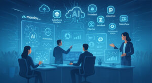 Business team using AI SaaS tools like Monday.com, Salesforce Einstein, Freshdesk, and Zendesk to automate workflows and boost growth.