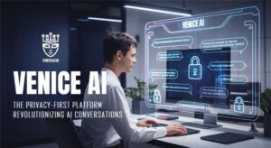 Professional using Venice AI privacy-first platform with secure AI conversation interface on a futuristic