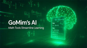 GoMim AI Math Solver displaying step-by-step problem solutions with a digital brain illustration in the background