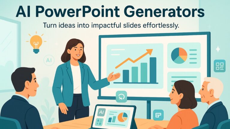 Businesswoman presenting AI-generated PowerPoint slides with charts and visuals during a professional meeting.
