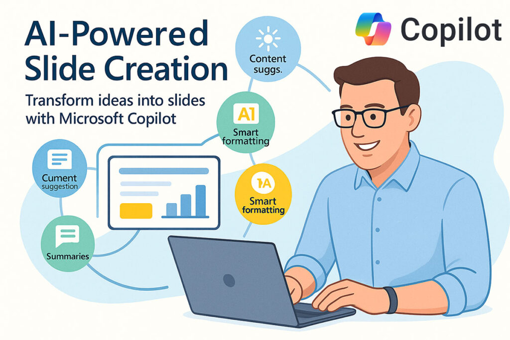 Infographic showing Microsoft Copilot AI PowerPoint generator with workflow icons and a professional user creating dynamic slides.
