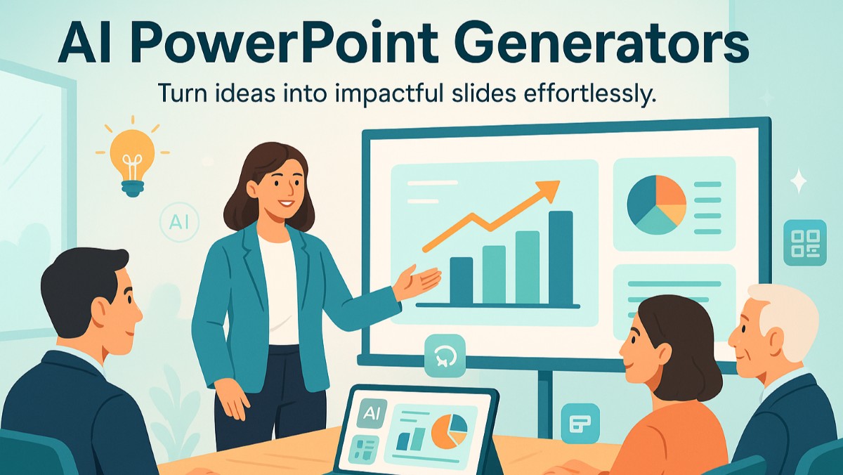 Businesswoman presenting AI-generated PowerPoint slides with charts and visuals during a professional meeting.