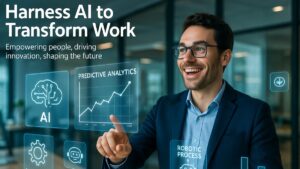 Professional interacting with AI dashboards and robotics icons, illustrating AI software development transforming the workforce.