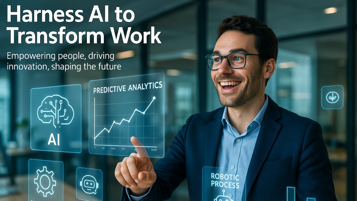 Professional interacting with AI dashboards and robotics icons, illustrating AI software development transforming the workforce.