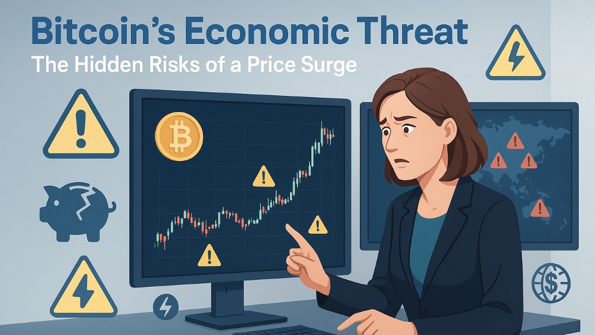 Worried investor analyzing Bitcoin price surge and global economic risks on digital screens
