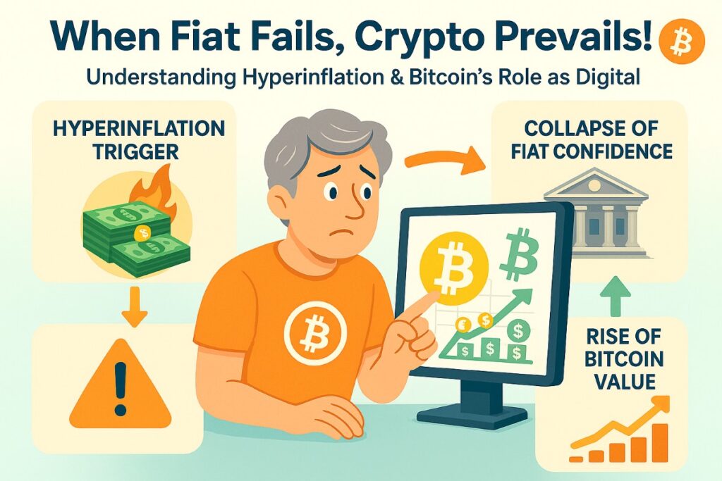 Infographic showing the risk of fiat collapse and Bitcoin rising, highlighting hyperinflation as a key factor driving Bitcoin towards $1 million.
