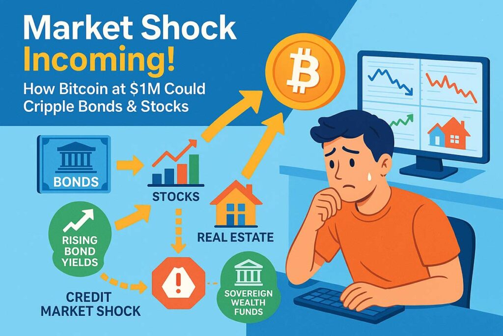 Infographic showing the destabilization of financial markets due to Bitcoin reaching $1 million, with icons of bonds, stocks, real estate, and a worried user.