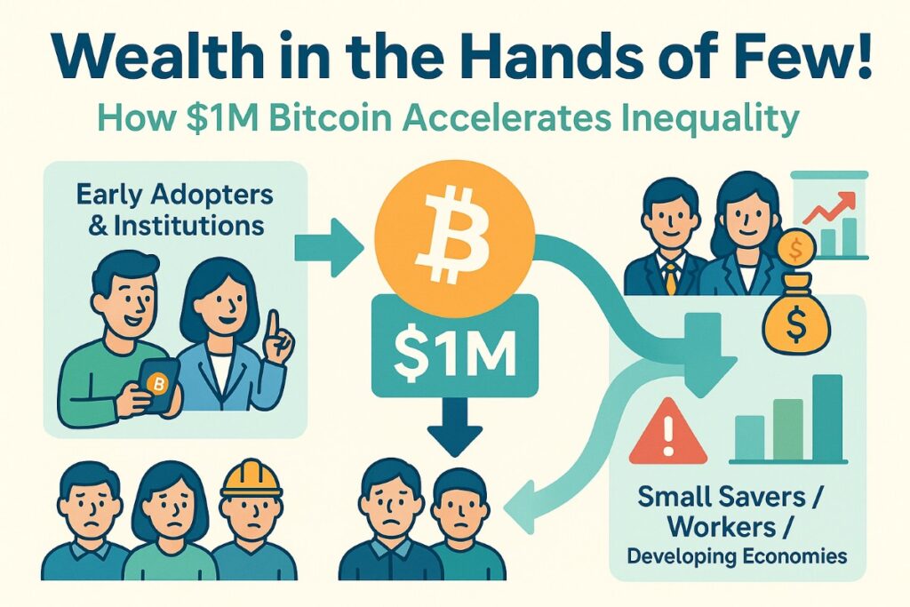 Infographic showing Bitcoin wealth concentration at $1 million per BTC, highlighting extreme wealth transfer to a few large holders with worried user interaction.
