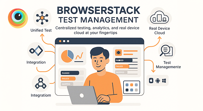 Illustration of BrowserStack Test Management highlighting unified testing, real device cloud, integrations, analytics, and test management features.
