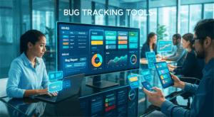 Team of developers and QA professionals using bug tracking tools dashboard with analytics, reports, and issue management on multiple devices.