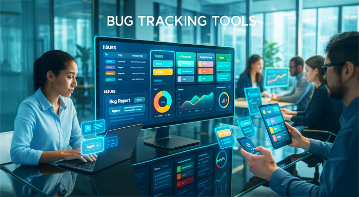 Team of developers and QA professionals using bug tracking tools dashboard with analytics, reports, and issue management on multiple devices.