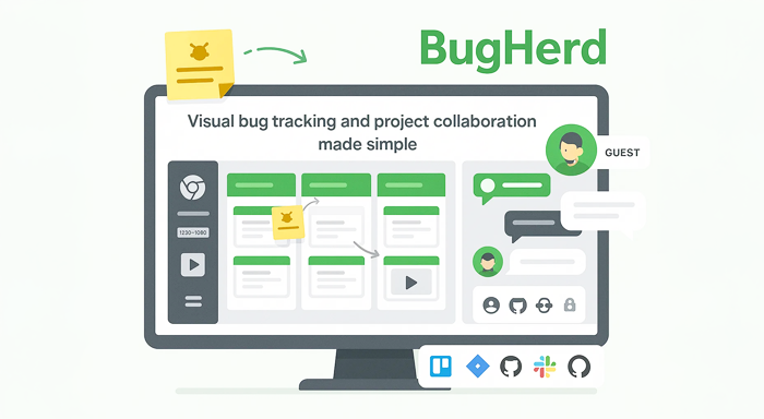 Illustration of BugHerd visual bug tracking tool showing Kanban board, task comments, guest access, and integrations with Trello, Jira, GitHub, and Slack.