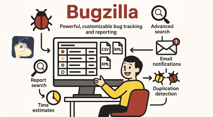 Illustration of Bugzilla bug tracking tool showing features like advanced search, email notifications, report search, duplication detection, CSV/XML export, and time estimates.