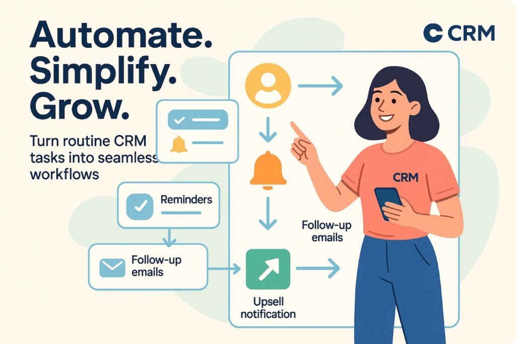 Infographic showing how a CRM virtual assistant automates repetitive tasks like lead tracking, reminders, and follow-ups.
