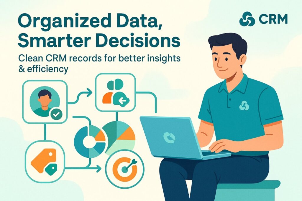 Infographic of a CRM virtual assistant organizing customer data with workflow icons and satisfied user