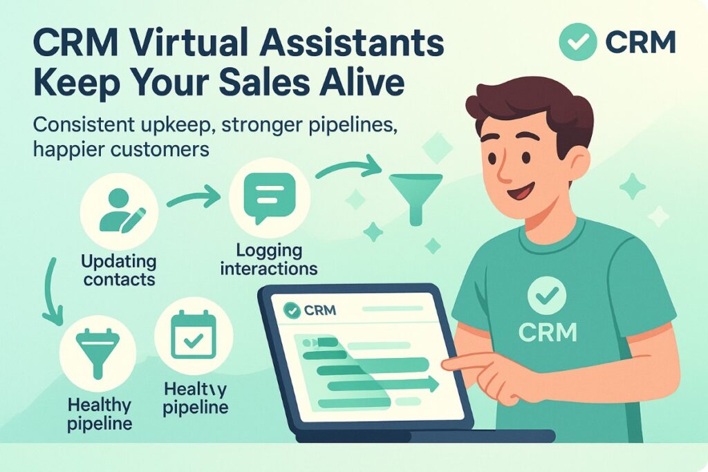 Infographic showing how a CRM Virtual Assistant helps businesses with contact updates, reminders, and sales pipeline management.