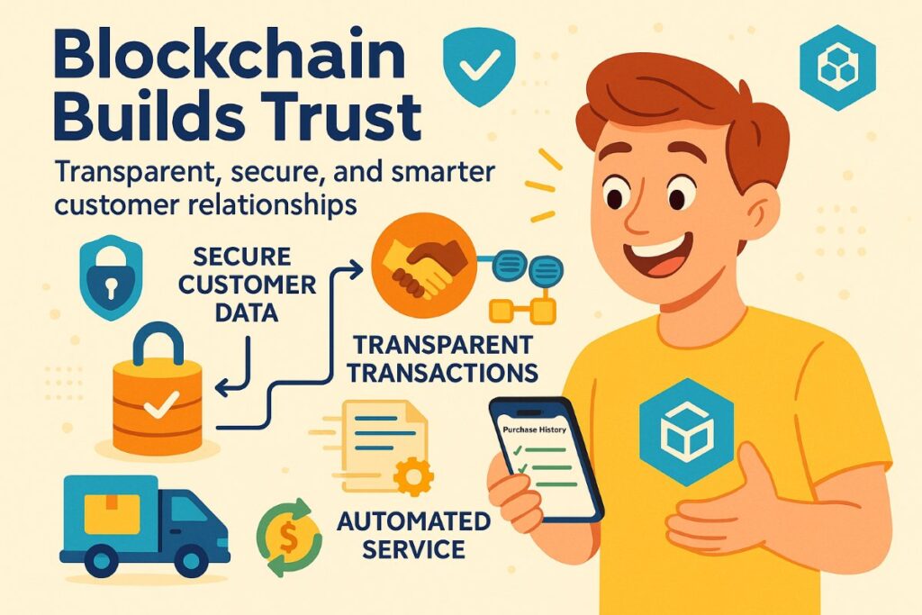 Infographic showing crypto payment integration with blockchain for secure and transparent customer transactions