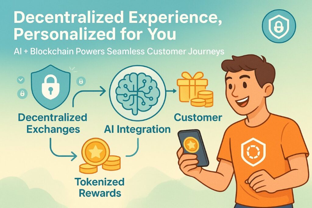 Infographic showing Crypto Payment Integration workflow with AI, blockchain, and tokenized rewards enhancing customer experience.