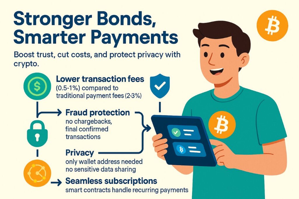 Infographic showing crypto payment integration benefits for businesses, including lower fees, fraud protection, privacy, and seamless subscriptions.