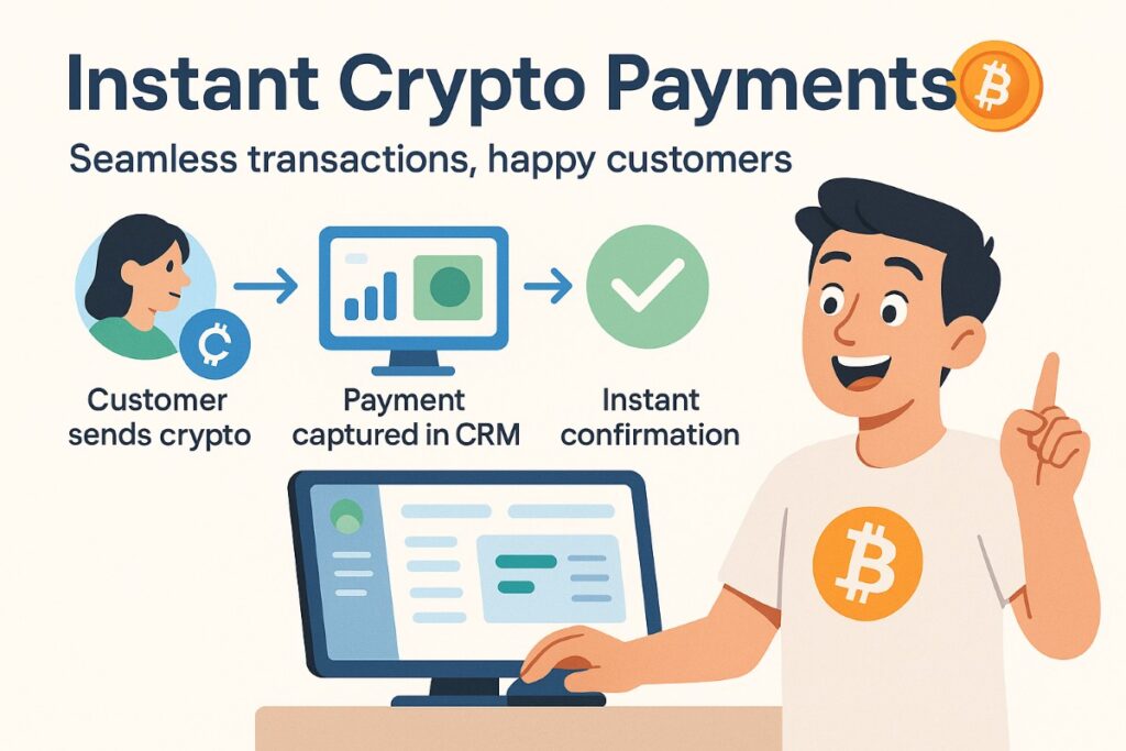 Infographic showing seamless crypto payment integration in CRM systems with workflow icons and happy user.