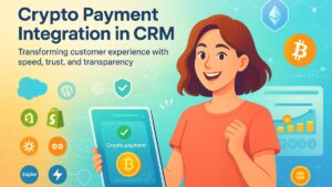 Beautiful woman using crypto payment integration in CRM with blockchain and loyalty token icons