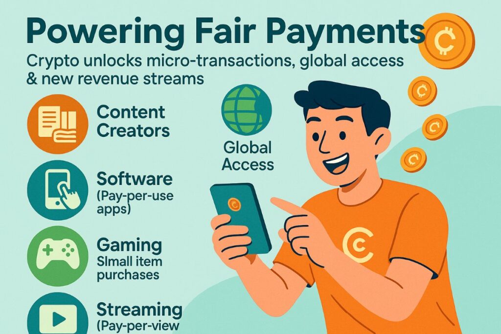 Infographic showing crypto payment integration enabling micropayments for content, software, gaming, and streaming, with an active user making a payment.