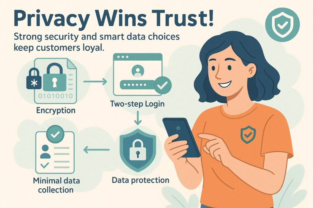 Infographic showing strong security and privacy practices to build customer trust and loyalty, featuring an active user interacting with secure systems.