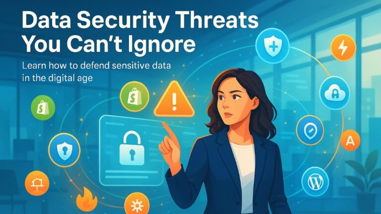 A professional young woman actively interacting with a holographic digital security dashboard, surrounded by icons like padlock, shield, cloud lock, and alert symbols representing data security threats.