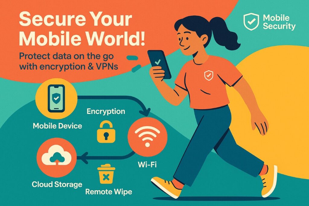 Infographic showing mobile device security workflow with encryption, VPN, remote wipe, and cloud protection to prevent data security threats