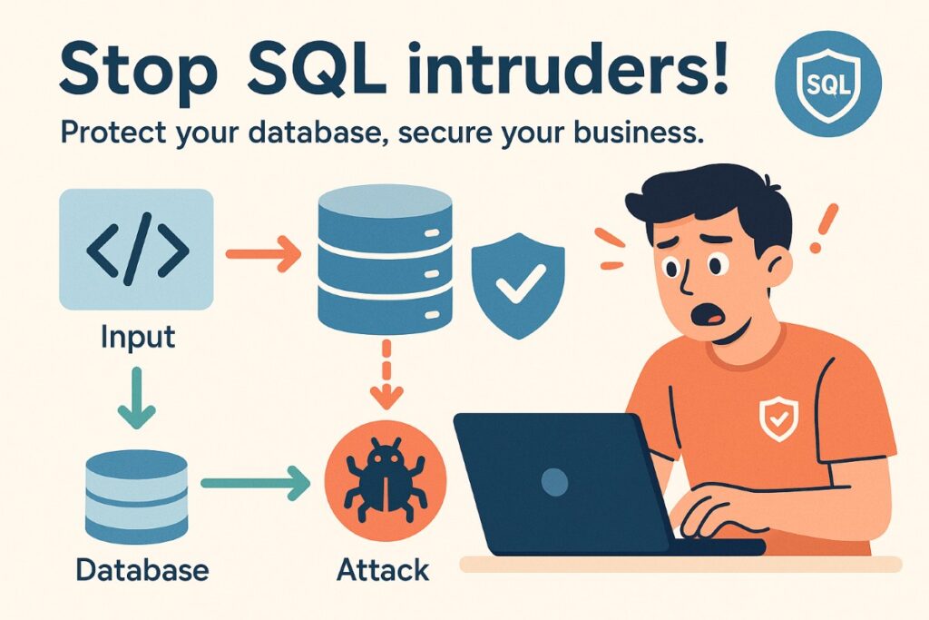 Infographic showing SQL injection threats and prevention steps with icons, workflow, and a user securing a database.
