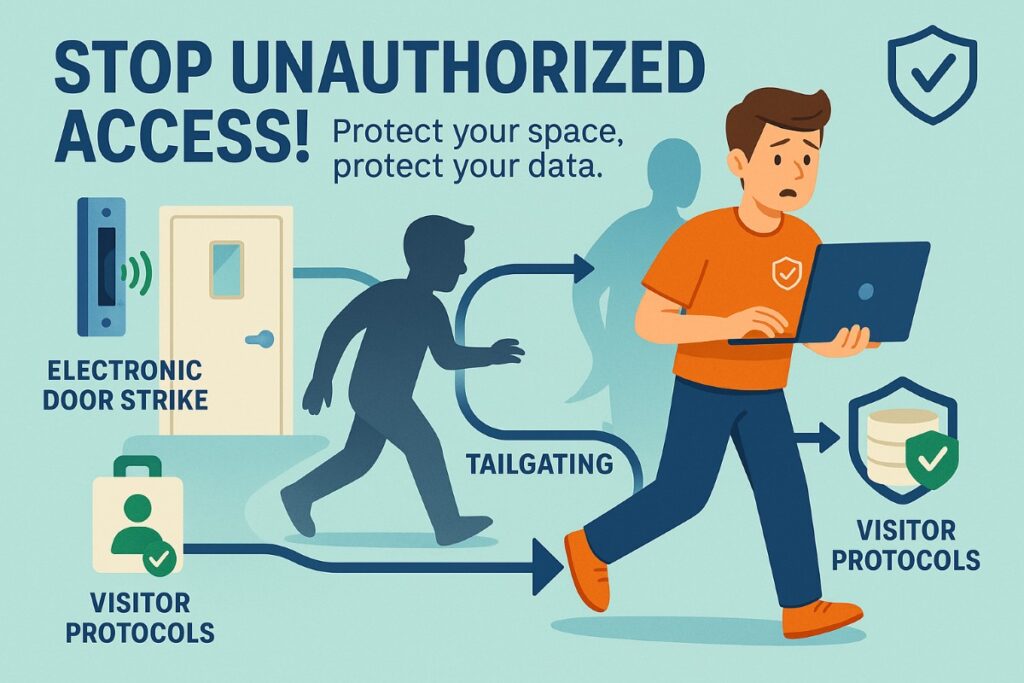 Infographic showing tailgating security threat in workplaces with an employee preventing unauthorized access, highlighting workflow and prevention measures.