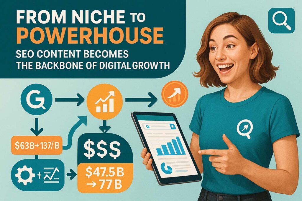 Infographic showing the rise of SEO articles in the digital economy with growth charts, icons, and an active professional analyzing data.