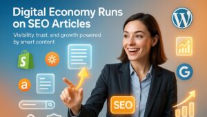 Professional woman engaging with digital icons, charts, and SEO article symbols representing the role of SEO in the digital economy.