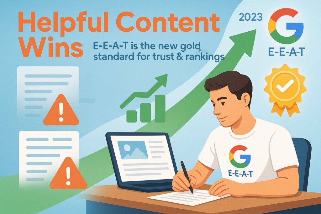 Infographic showing the evolution of SEO articles in the digital economy, highlighting Google’s E-E-A-T standards and high-quality content workflow.