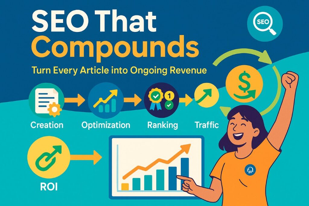 Infographic showing how SEO articles provide long-term ROI in the digital economy, with workflow, charts, and an active user analyzing results.