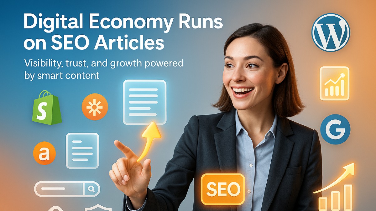 Professional woman engaging with digital icons, charts, and SEO article symbols representing the role of SEO in the digital economy.