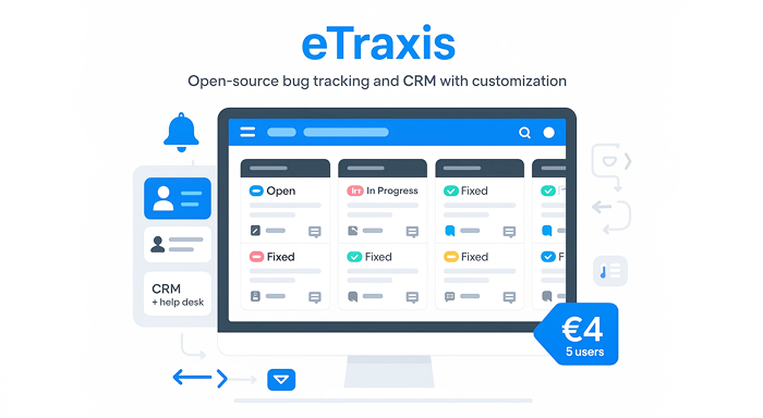 Illustration of eTraxis bug tracking tool with customizable workflows, CRM and help desk integration, and issue tracking stages like open, in progress, and fixed.