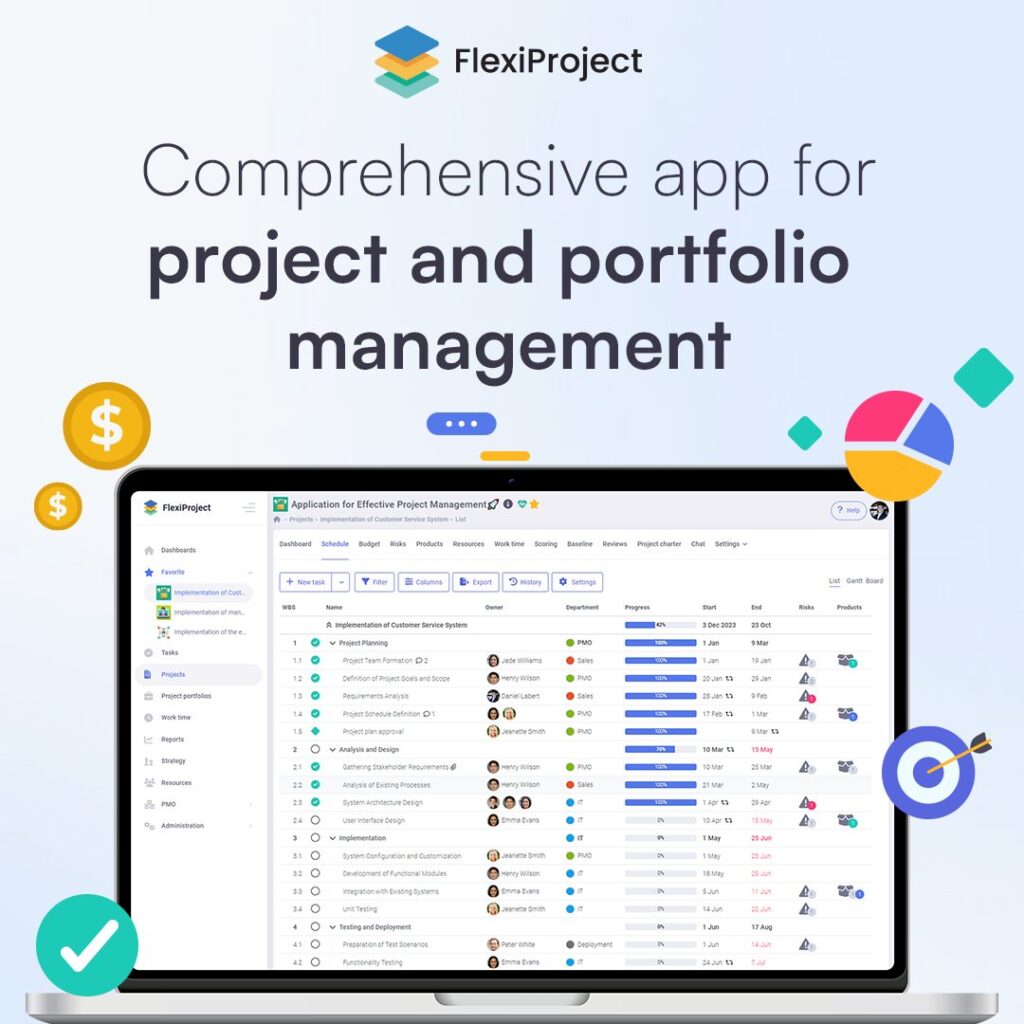 FlexiProject dashboard showcasing comprehensive app for project and portfolio management on a laptop screen.