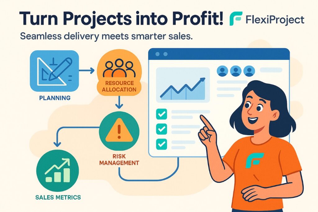 Infographic showing how FlexiProject integrates project management with sales, featuring workflow icons, a user interacting with a dashboard, and the FlexiProject logo.