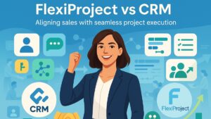 FlexiProject featured image showing CRM and project management integration with a professional woman, icons, and workflow visuals.