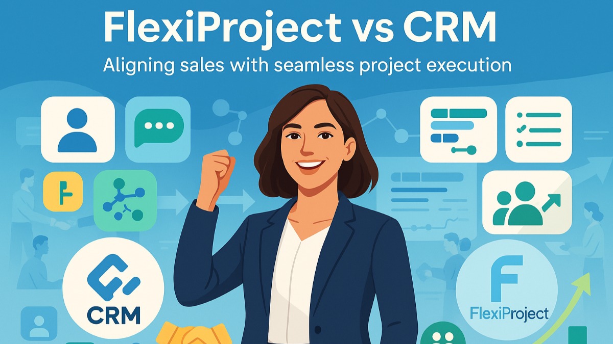 FlexiProject featured image showing CRM and project management integration with a professional woman, icons, and workflow visuals.