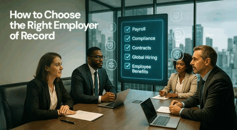 Business professionals discussing Employer of Record Company including payroll, compliance, contracts, global hiring, and employee benefits.