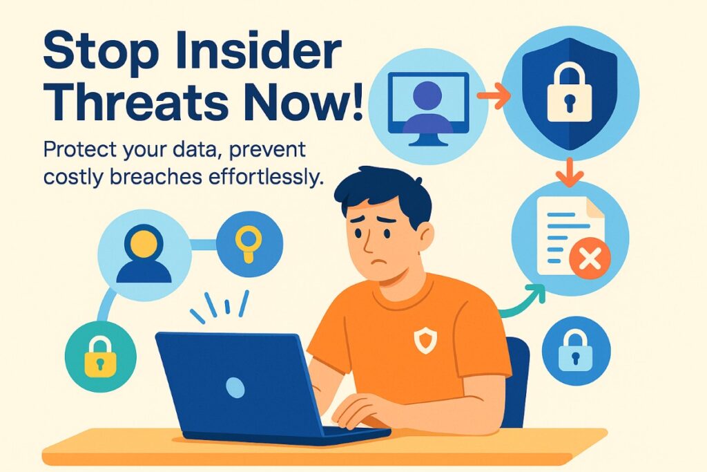 Infographic showing insider threats and data security threats prevention using employee monitoring and data loss prevention tools.